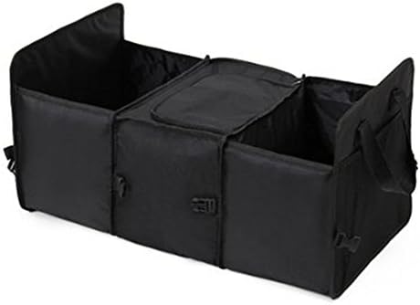 Oxford Fabric Vehicle-mounted Containing Box, 3-Compartment Collapsible Car Trunk Organizer, Auto Storage Packing Carton With a Cooler Bag (Black)