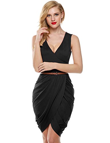 Wrap V Neck Sleeveless Sexy Draped Cocktail Club Dress เดรส แฟชั่นชุดทำงาน w/ Belt Meaneor ผู้หญิง