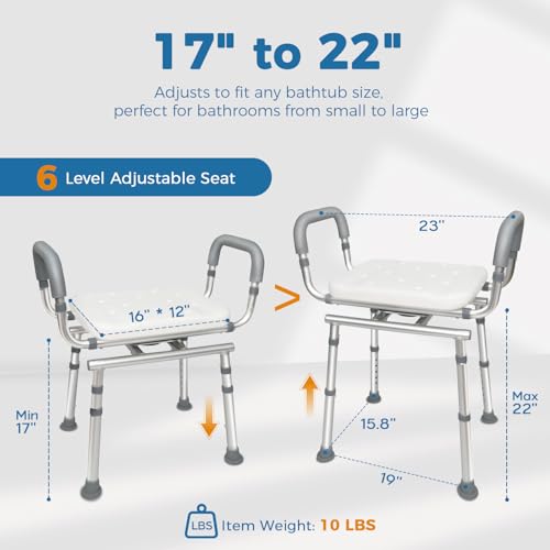 Swivel Shower Chair with Armrest and Backrest - Adjustable Height and Heavy Duty (250kg) - Safe Bath and Shower Stool for Elderly and Disabled People - For