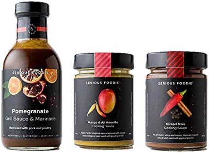 The Serious Foodie Gourmet Sauces - Perfect for Grilling: Mango & Aji Amarillo Cooking Sauce, Pomegranate Finishing Sauce, Mirasol Mole Cooking Sauce (3-Pack)