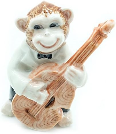 Animal Miniature Handmade Porcelain Statue Monkey Playing BassFigurine Collectibles Gift