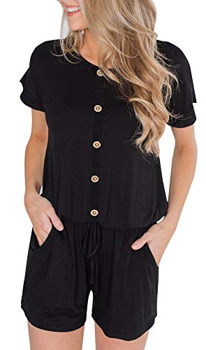 SAUKOLE Women’s Summer Cap Sleeve Round V Neck Striped Jumpsuit Rompers Short Pant Drawstring Waist One Piece Outfits with Pockets