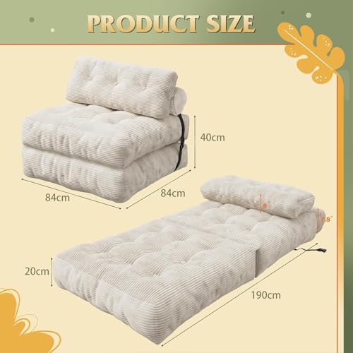190 * 85 * 20Cm Folding Sofa Bed, Portable Fold Out Floor Couch Lounge, Convertible Sleeper Chair with Pillow for Living Room Bedroom, Beige