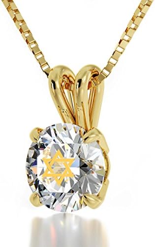 14k Yellow Gold Star of David Necklace Inscribed with Shema Yisrael in 24k Gold on Crystal, 18" Gold Filled Chain - NanoStyle Jewelry