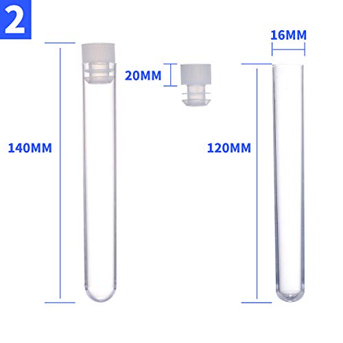 Young4us Test Tube Set, 50 Pcs Plastic PP Test Tubes in 16x150mm, 16x125mm and 16x100mm 3 Sizes with White Caps and Tube Rack (Pack of 50)
