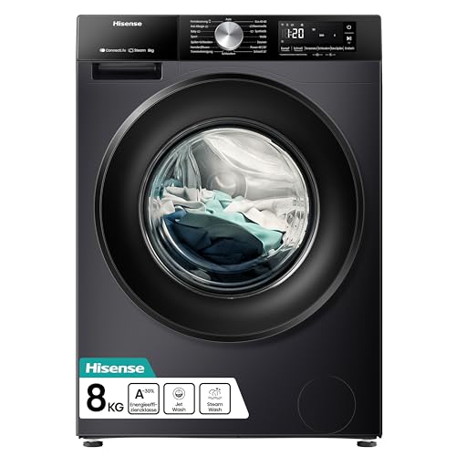 Hisense WF3S8043BB3 Waschmachine mit Dampffunkunktion, 8 kg, 1400 U,min, WIFI, ConnectLife, Power JetWash, Anti-Allergie Programm, Aqua Stop, Auto Was