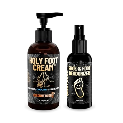 Derm Dude Foot Rescue Bundle | Coconut Rush Holy Foot Cream 4oz + Mint Scent Foot & Shoe Deodorizer Spray 2oz | Moisturizer for Dry Cracked Feet & Odor Control Spray with DeoPlex, Aloe, Tea Tree
