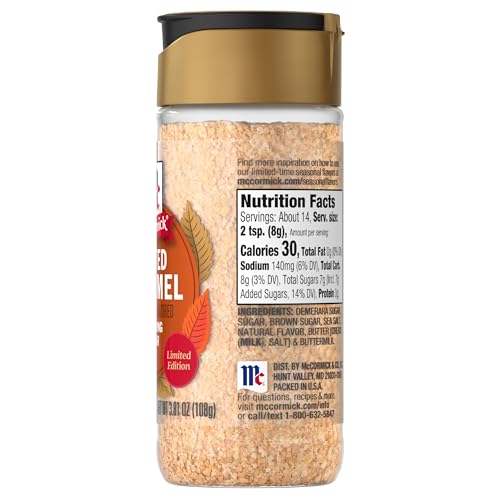 MCCORMICK FINISHING SUGAR, SALTED CARAMEL, RICH, CREAMY CARAMEL WITH A TOUCH OF SALT, ADD TO WARM BEVERAGES, SPRINKLE ON TREATS & SNACKS, NO COLORS FROM ARTIFICIAL SOURCES, 3.81 OZ