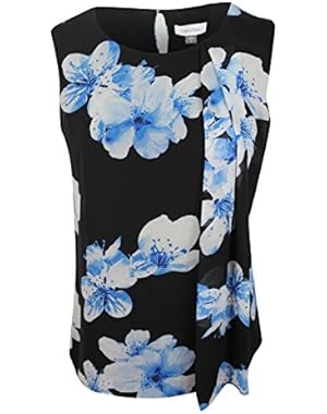 Women's Black Blue Floral Sleeveless Pleated Front Top