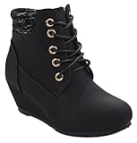 Kids Girls Sally28 Lace Up Faux Nubuck Knit Sweater Cuff Wedge Ankle Boot Booties