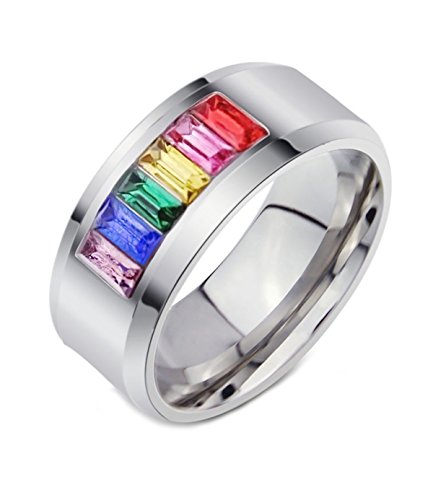 LineAve Unisex Stainless Steel Gay Lesbian LGBT Pride Ring Rainbow Wedding Band, Size 7, 1z5010s07