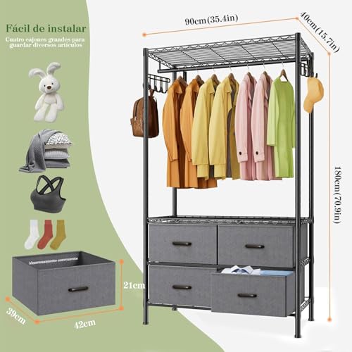 Estante de Ropa,Perchero de Pie Armario,Burro Ropa,Armario de Metal con Estantes Ajustables,con 4 cajones extraíbles,Perchero de Ropa Resistente,Organizador Metálico Independiente para Closet