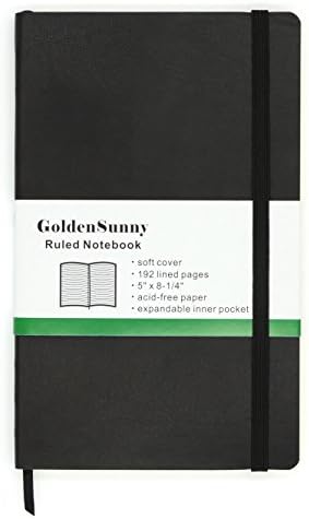 GoldenSunny Bullet Journal Lined Paper Notebook with Pocket, 192 Ruled Pages, 5 x 8.25 Inches, Black
