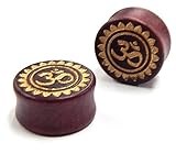 bOdfx Exclusive Ear Stretching Plugs. 1 Pair. Organic Wood Tunnels with Golden Om Inlay Ear Gauges