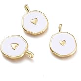 DanLingJewelry10Pcs White Heart Charms Flat Round with Heart Brass Enamel Charms for Jewelry Making Bracelet Earrings Necklace