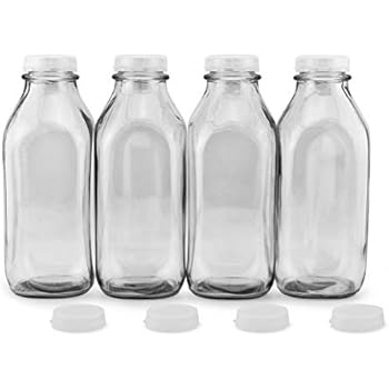 Cornucopia Quart Size Glass Milk Bottles (4-Pack); Retro Vintage Style Milk Jugs with Slip-On Lids, Extra Lids Included