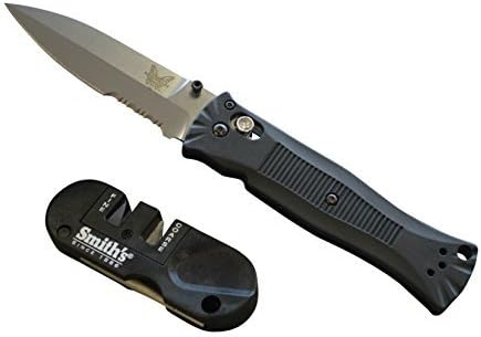 Benchmade Knife 530S Pardue Axis Folding Knife ComboEdge Satin Blade Knife Including Smiths Pocket PAL Manual Knife Sharpener for Plain and Serrated Edge Knife Blades