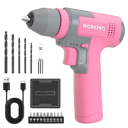 WORKPRO 8V Cordless Drill, Electric Drill with 3/8'' Drill Chuck, Electric Screwdriver, Variable Speed Driver, Type C Rechargeable Screwdriver, with 15pcs Accessories, Pink