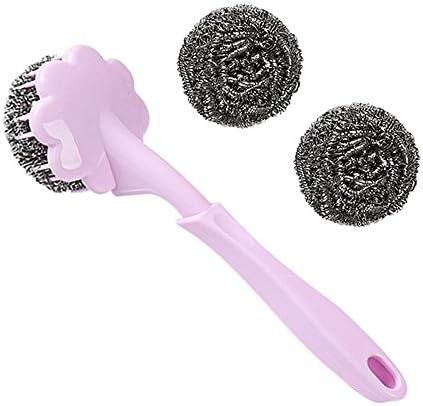 Kxtffeect Set of 1 Multipurpose Replaceable Plastic Handle and Stainless Steel Wire Scrubbers - Dish/Pot//Sink Brushes, 1 Handle and 2Pcs of Scouring/Cleaning Steel Wire Balls (Pink)