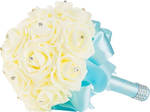 Handmade Wedding Bouquet with Ivory Flower and Light Blue Ribbon and Handle by WorldofWeddings - Artificial Ivory Foam Rose Bridal Bouquet for Weddings