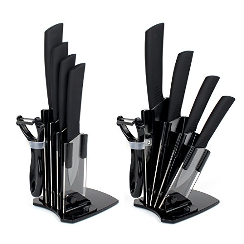 HOMSPORT 5 Pieces ceramic knife set Kitchen Knife Set Cutlery Set with acrylic block – Knife Sets with Chef Knife Slicing knife Fruit slicer Fruit parer Peeler and Acrylic Holder 4 Cover