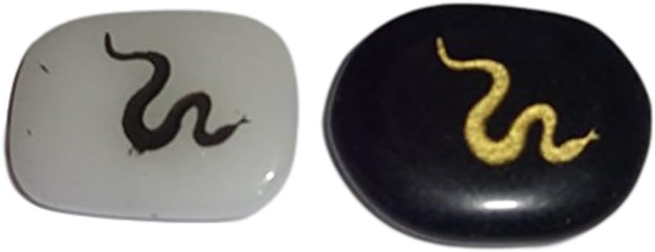2pc Crystal Quartz & Black Obsidian " Snake " Engraved Totem Energy Crystal Healing Gemstone Smooth Polished Flat Worry Palm Stone