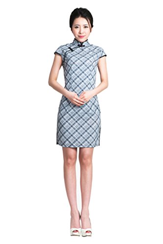 JINFU Women's Slim Fit Cheongsam,Simple Plaid Chinese Dress ,Black