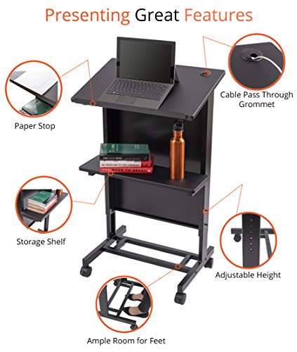 Stand Up Desk Store Mobile Adjustable Height Lectern Podium, Heavy Duty Steel Frame (Black Frame/Black Shelves)