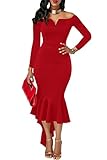 ONLYSHE Women's Pure Color Slim Fit Dress Pencil Dress High Low V-Neck Sexy Dress Red XX-Large