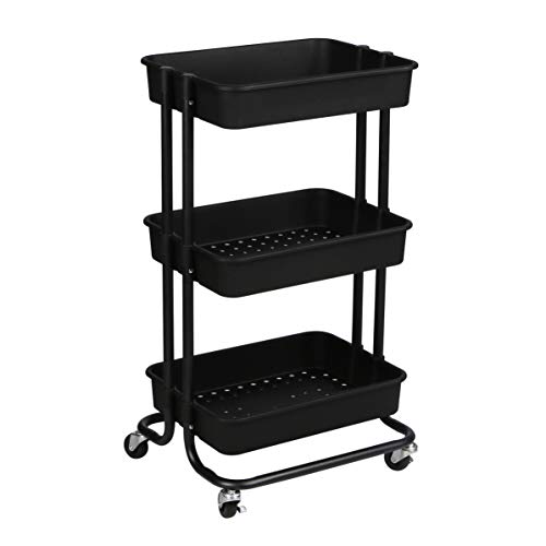 Home Basics 3 Tier Steel Rolling Utility Cart with 2 Locking Wheels (1, Black)