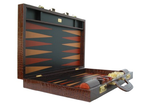 Leather Backgammon Board Set - (23" Large Attache Case, Zaza & Sacci) - Brown Croco