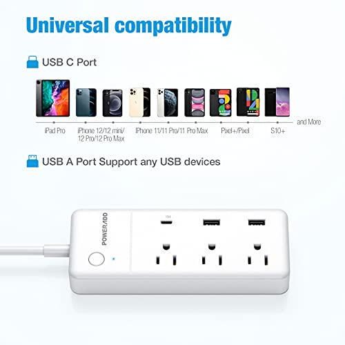 UPoweradd Power Strip with USB C PD 20W for iPhone 12, 3 AC & 3 USB(30W), Overload Protection, 6ft Extension Cord Flat Plug for Cruise Travel, Home & Office - White