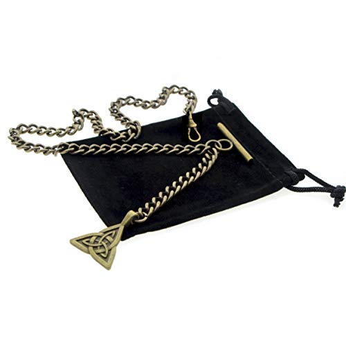watchvshp WATCHVSHOP Albert Chain Antique Brass Color Pocket Watch Chain Vest Chain for Men Trinity Celtic Knot Design Medal Fob with T Bar Swivel Clasp AC29A
