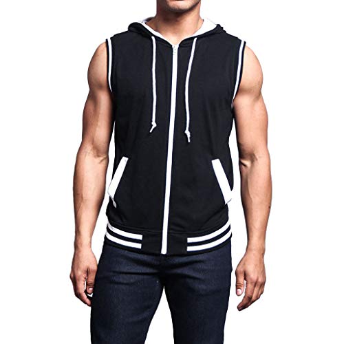 Allywit-Mens Slim Fit Lightweight Active Sleeveless Zip-up Hooded Vest Gym Tank Top Black