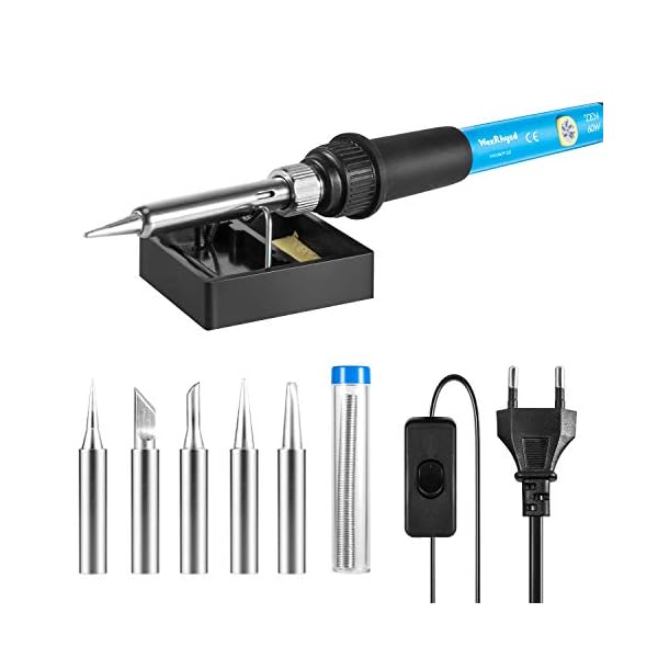 Lötkolben Set, WaxRhyed Lötkolben 60W mit Einstellbarer Temperatur, EIN/AUS-Schalter, 5 Lötspitzen, Lötkolbenständer und…
