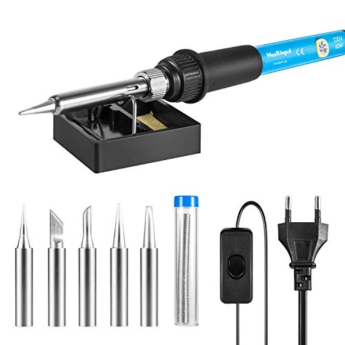 Lötkolben Set, WaxRhyed Lötkolben 60W mit Einstellbarer Temperatur, EIN/AUS-Schalter, 5 Lötspitzen, Lötkolbenständer und…