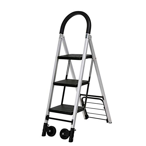 ZXMTC Portable Shopping Trolleys Step Ladder Hand Truck Convertible Aluminum 2 in 1 Folding Hand Truck Dolly with Two Wheels 3-Steps Store (Color : Black, Size : 3676120 cm)