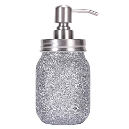 Quotidian Glitter Mason Jar Bathroom Set 5 Piece with Soap Dispenser,Flower Vase, Toothbrush Holder for Wedding House Decor Countertop and Vanity Organizer Bathroom Accessory Sets (Silver)