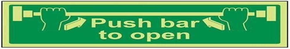 V Safety Glow In The Dark Push Bar To Open Door Sign - 450mm x 150mm - Self Adhesive Vinyl