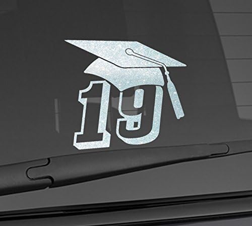 Graduation Grad Cap Gown Class of 2019 Senior High School College Car Vinyl Sticker Wall Decal 5" X 5.5" (Glitter White) (Available in 10 Glitter colors)