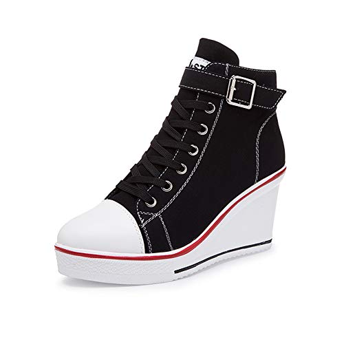 Sokaly Women's Girl's Canvas Wedge Sneaker Ladies Trainers Lace Up Side Zip High-Top Platforms Pump Shoes