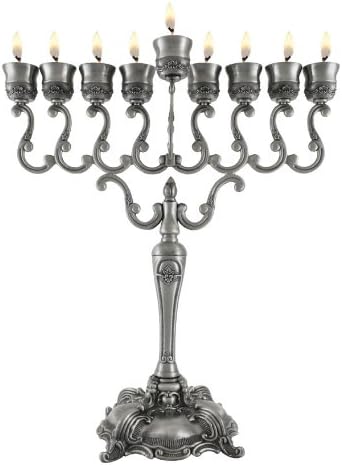 Hanukkah Menorah Large Hanukkia 19" Unique Pewter Finish, Can be used With Oil Or Candles. Great Gift For; Shabbat Chanoka Rabbi Temple Wedding Baby Naming Housewarming Bar Mitzvah Bat Mitzva and Jewish Homes.