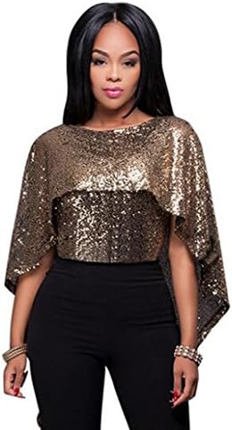 Womens Sparkling Sequin Cape Backless Party Club Top Tippet (S, BlackGold)