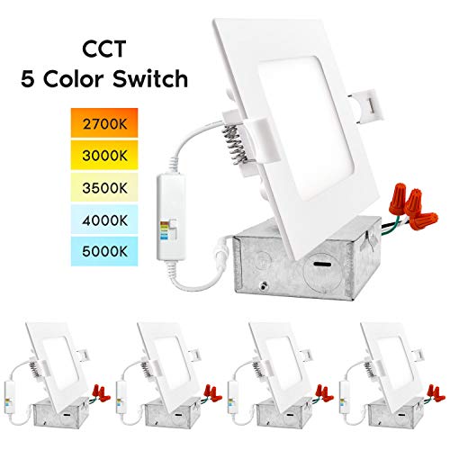 Luxrite 4 Inch Square Ultra Thin LED Recessed Light with Junction Box, Color Temperature Selectable 2700K | 3000K | 3500K | 4000K | 5000K, Dimmable Wafer Light, 750 Lumens, Energy Star, IC (4 Pack)