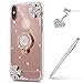 Case for iPhone Xs Max Diamond Case,Crystal Inlaid Diamond Flowers Rhinestone Diamond Glitter Bling Mirror Back TPU Case & Ring Stand + Touch Pen Dust Plug for iPhone Xs Max Mirror Case,Rose Gold