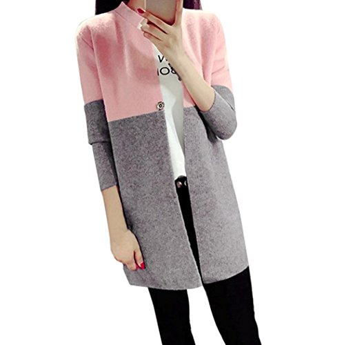 PHOTNO Warm Jackets Women Long Cardigans Color Block Open Front Long Sleeve Knit Cardigan Sweater Tunic Shirts (Pink)