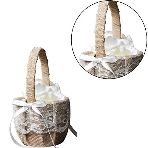 image for Ohomr Burlap Flower Basket Vintage Retro Lace Bow Flower Girl Basket f