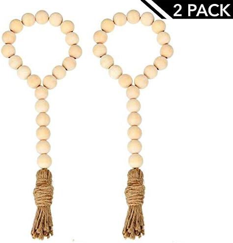 Pumpkino Natural Wood Bead Garland with Tassels Farmhouse Beads 2Pcs Rustic Country Decor Prayer Beads Wall Hanging Decor