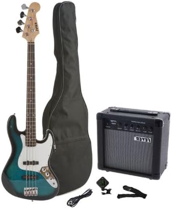 Fever 4-String Electric Jazz Bass Style with 20-Watts Amplifier Gig Bag Clip on Tuner Cable and Strap Color Blue JB43-20W-BL