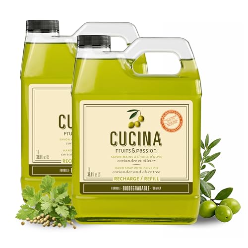 Cucina Fruits & Passion Coriander & Olive Tree Kitchen Hand Soap Refill, 1L Each – 2 Pack | Biodegradable, Cold-Pressed Olive Oil, Vegan, Made in Canada